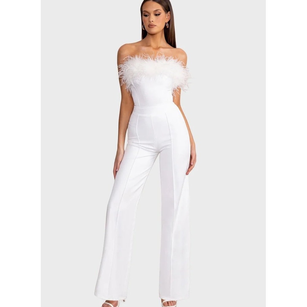 Club L London First Class White Feather Bandeau Wide Leg Jumpsuit Bridal NWT